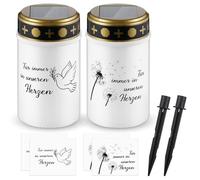 Nezyo 2 Lampe Funéraire Solaire à LED Bougies de Cimetière Imperméables avec 4 Autocollants Lampe Funéraire Électriques à Support avec Piquet de Terre (Blanc, Pissenlit et Colombe de la Paix)