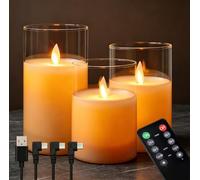 NICE POINT Bougies LED Rechargeables Flamme Vacillante Sans Fil, Télécommande Minuterie 2/4/6/8h, 5 Luminosités, Lot de 3 Bougies en Verre Transparent Blanc, Décoration Noël Sapin Table