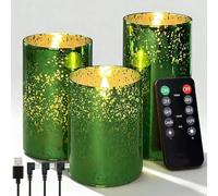 NICE POINT Lot de 3 bougies LED avec fonction minuterie et télécommande, rechargeables par USB, en cire véritable, vertes, flamme vacillante, 55 à 100 heures, pour Noël, décoration de chambre à