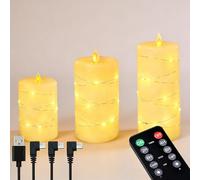 NICE POINT Lot de 3 bougies LED sans flamme, rechargeables en cire véritable avec télécommande et minuterie, mèche de bougie oscillante, bougies électroniques avec guirlande lumineuse pour décoration