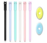 NiceNaiils Lot de 8 Accessoires École - 6 Stylos Chat Kawaii Effaçable Encre Thermosensible Bleue + 2 Gommes Beignet - Fournitures Scolaires et Bureau pour Écriture Fluide