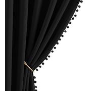 NICETOWN Lot de 2 Rideaux occultants à Pompons avec Passe-Tringle - Isolation Thermique - Style bohème - pour Salle de Jeux, Cuisine, Chambre d'enfant - 106,7 cm de Large x 160 cm de Long - Noir de