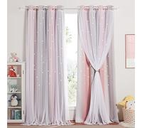 NICETOWN Rideau Chambre Fille - Rideaux Voilage Double Draperies Décoration de Fenêtre avec Motif d'Etoiles Perforée pour Maison Chambre, L132 x H240 cm, Rose Gris, Lot de 2