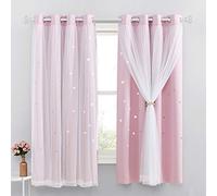 NICETOWN Rideau Rose Occultant Thermique - Lot de 2 Rideau Chambre Fille Etoiles Enfant avec Voilage Draperies Lumineux Bloquer pour Decoration, L 132 x H 160 cm, Rose Clair