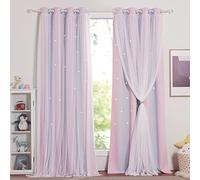 NICETOWN Rideaux Enfant - Décoration de Fenêtre Rideau Occultants avec Etoile Formes Perforées Draperies Elegant pour Chambre avec Oeillets, L132 x H260cm, Rose&Violet, Lot de 2