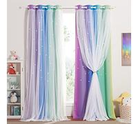 NICETOWN Rideaux Occultant Enfant - Rideau Chambre Fille avec Voilage Blanc Couleurs Dégradés avec Motif Forme Etoiles à Oeillets, L132 x H240 cm, Arc-en-Ciel Foncé, Lot de 2