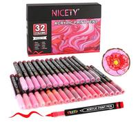 NICETY 32 Couleurs Feutres Acryliques - Stylos Pinceaux pour Peinture sur Pierre, Bois, Verre, Céramique - Pointe Pinceau 1-6mm, Marqueurs Acryliques set à Base d’Eau pour Adultes (Rouge)