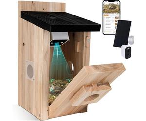 Nichoir d'extérieur - Nichoir intelligent avec caméra - Panneau solaire - Câble d'alimentation de 5 m - Détection de mouvement - Enregistrement vidéo automatique -via application - Bois