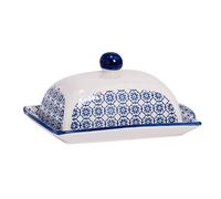 Nicola Spring Beurrier imprimé à la Main avec Couvercle - 18,5 x 12 cm - Beurrier de Cuisine en Porcelaine Florale Vintage Bleu Marine Récipient de Stockage de Fromage pour réfrigérateur pour Beurre