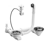 Vidage évier complet 2 cuves trous 90 mm tous matériaux, bonde automatique à câble