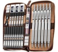Nicpro 30 Pièces Porte-mines Métal dans étui Cuir, Crayon Mécanique Critérium 0,5, 0,7, 0,9, 2 mm avec 16 tubes (Couleurs 6B 4B 2B HB 2H 4H) Recharges, Porte Mine pour Croquis, Dessin（ Argent ）