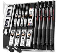 Nicpro 5 Pièces Porte-Mines Métal avec étui, Crayons Mécaniques Critérium 0.3, 0.5, 0.7, 0.9 et 2 mm, 9 tubes Recharges (4B 2B HB 2H) (Noir et Couleurs) et 2 Gommes, pour Dessin d'art, écriture