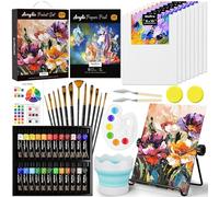Nicpro 68 Pcs Kit De Peinture, Peinture Acrylique De 12ML X 24 Couleurs, Avec Chevalet De Table, 8 Plaques De Toile 12 Pinceaux, Tasse De Nettoyage, Éponge, Palette Pour Artiste Débutant