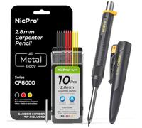 Nicpro aluminium crayon chantier avec taille-crayon,noir crayon charpentier | Crayons de construction robustes, 10 recharges et pointe de traçage en carbure, crayon pour le travail du bois