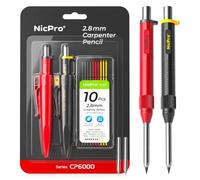Nicpro CP6000 crayon de charpentier en métal 8 en 1 avec taille-crayon | 2 crayon chantier construction, 20 recharges, outil de traçage pour trous profonds,pour travail du bois et la construction