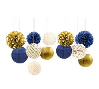 Nicrolandee - Décorations bleu marine et dorées - Lot de 12 lanternes en papier à suspendre avec pompons en tissu pour anniversaire masculin, fête de remise des diplômes, fournitures de fête du Nouvel