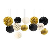 NICROLANDEE Lot de 12 lanternes en papier noir et doré - Pompons en papier de soie - Décoration de fond à suspendre - Pour remise de diplôme, anniversaire, Nouvel An, décoration du Nouvel An 2026