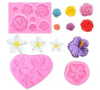 Nifocc Lot de 3 moules à fondant en forme de fleur, rose, hibiscus, frangipanier - Silicone - Moules de décoration de gâteaux - Transparent - Forme irrégulière