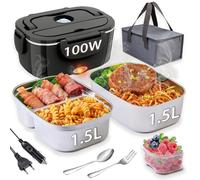 Nifogo Gamelle Chauffante 100W pour Voiture et Camion et Bureau Lunch Box Électrique 3 en 1 Acier Inoxidable 12V 24V et 230V - Boîte à Repas 1,5Lx2 avec Gris Sacs Isolants(Noir)
