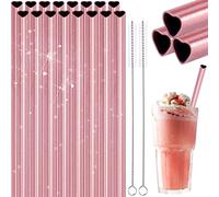 NiHome Lot de 16 pailles en acier inoxydable en forme de cœur + 2 brosses de nettoyage - Rose perle