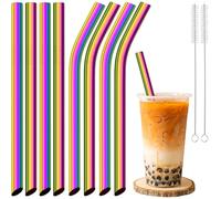NiHome Lot de 8 pailles extra larges réutilisables en acier inoxydable irisé pour thé à bulles Boba, smoothies et milkshakes, 4 droites et 4 pliées, avec 2 brosses de nettoyage, passent au