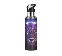 Niigeu Cool Flamme Guépard Léopard Bouteille d'eau Isotherme avec Paille en Acier Inoxydable Gourde, Sans BPA Gourdes Eau pour Enfant Sport Randonnée École Bureau (600ml/1L)