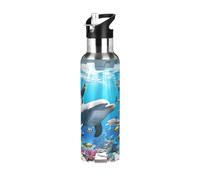 Niigeu Dessin Animé Dauphins Poisson Bleu Bouteille d'eau Isotherme avec Paille en Acier Inoxydable Gourde, Sans BPA Gourdes Eau pour Enfant Sport Randonnée École Bureau (600ml/1L)