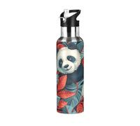 Niigeu Dessin Animé Drôle Ours Panda Bouteille d'eau Isotherme avec Paille en Acier Inoxydable Gourde, Sans BPA Gourdes Eau pour Enfant Sport Randonnée École Bureau (600ml/1L)