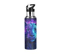 Niigeu Espace Étoile Guépard Léopard Bouteille d'eau Isotherme avec Paille en Acier Inoxydable Gourde, Sans BPA Gourdes Eau pour Enfant Sport Randonnée École Bureau (600ml/1L)