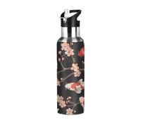 Niigeu Poisson Koi Cerise Japonais Bouteille d'eau Isotherme avec Paille en Acier Inoxydable Gourde, Sans BPA Gourdes Eau pour Enfant Sport Randonnée École Bureau (600ml/1L)