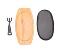 Niiyen Ensemble de poêles à fajita ovales en fonte Ensemble de poêles en | Petite assiette à Steak grésillante avec poignée de Base en bois pour la maison Barbecue cuisine fête Restaurant