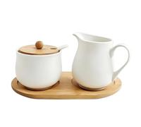 Nimblyne Ensemble de 2 pièces pour lait et sucre avec couvercle et cuillère : pot à lait en porcelaine et sucrier avec plateau en bois, set de lait et sucre de 260 ml, passe au lave-vaisselle et au