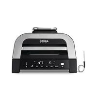 Ninja MAX 6-en-1 Grill d’intérieur et friteuse sans huile, 6 modes, cuit jusqu’à 6 hamburgers, capacité 3,8 l, faible dégagement de fumée, thermomètre à viande numérique inclus, Gris/Argent, DG551EU