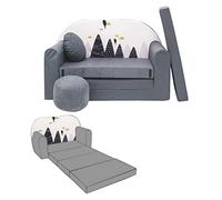 NINO Canapé-lit enfant avec pouf et coussin OEKO-TEX Montagnes gris | Deux places, couchage 160 cm, structure 100 % mousse et housses lavables à 30 °C. Léger et modulable jusqu'à 6 ans.