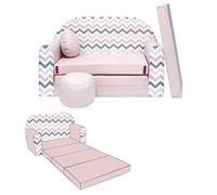 NINO Canapé-lit enfant avec pouf et coussin OEKO-TEX Rose avec zigzag | Deux places, couchage 160 cm, structure 100 % mousse et housses lavables à 30 °C. Léger et modulable jusqu'à 6 ans.