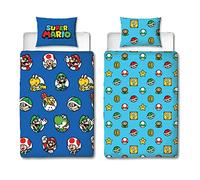 Nintendo Super Mario Parure de lit Simple avec Housse de Couette réversible Bleu avec taie d'oreiller Assortie