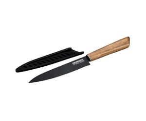 Nirosta 41872 Couteau d’Office Universel 24 cm, Lame Acier Inoxydable avec Revêtement Antiadhésif sans PFAS, Légumes Fruits Fromages, Manche Bois Acacia Certifié FSC™, Protège-Lame PP recyclé, Noir