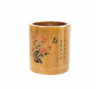 Nishiyuenyi Porte-stylo Bambou Sculpté Artisanalement Pot à Stylos Support Pinceaux Organiseur Papeterie Multifonction Bambou Naturel avec Motifs Ethniques Adapté, Chrysanthème