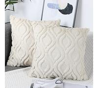 NIULAA Lot de 2 Housses Coussin 45x45 Beige Velours Laine Housse de Coussin Peluche Decoratif Boho Brodée en Fausse Fourrure Coussin Carrée de Luxe pour Canape Salon