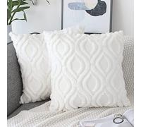 NIULAA Lot de 2 Housses Coussin 45x45 Blanc Velours Laine Housse de Coussin Peluche Decoratif Boho Brodée en Fausse Fourrure Coussin Carrée de Luxe pour Canape Salon