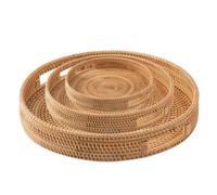 NiuLumea Plateau de service en rotin tissé avec poignées, panier rond rustique pour nourriture, boissons, fruits, table basse ou rangement de cuisine, décoration d'intérieur artisanale pour salle à