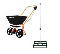 Niveleur de Pelouse & Épandeur Rotatif 50cm x 32cm (Vert) Engrais Râteau Nivellement Jardin Lute Manche Extensible 1,15-1,9m Prise Facile Capacité 25kg Gravier Sable Graine Housse De Pluie & Gants