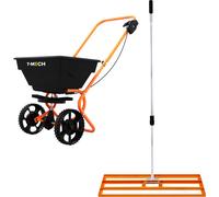 Niveleuse de pelouse et râteau rotatif, engrais, niveleuse de jardin, 100 cm x 32 cm, orange, poignée amovible et télescopique (1,15–1,9 m), capacité de 25 kg, sel, gravillons, sable, housse de protec