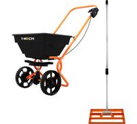 Niveleuse de pelouse et râteau rotatif, engrais, niveleuse de jardin, 50 cm x 32 cm, orange, poignée amovible et télescopique (1,15–1,9 m), capacité de 25 kg, sel, gravillons, sable, housse de protect