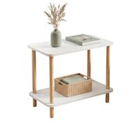 Nivofu Table d'Appoint Blanche et Bois - Table Basse Double Plateau pour Salon et Petit Espace - Bout de Canapé Design Scandinave avec Pieds en Bois Massif - Guéridon Moderne pour Chambre (60x30x53cm)