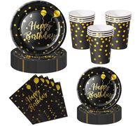 Nkaiso 50 Pcs Noir Or Vaisselle Jetable Anniversaire -10 invités | 10 Assiettes Plates, 10 Assiettes Dessert, 10 Gobelets, 20 Serviettes - Pour Decoration Anniversaire Party