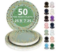 Nkaiso Assiette Jetable Anniversaire, 50 Pièces Vert Sauge et Or Vaisselle en carton - 25 Assiettes Plateaux 23cm & 25 Assiettes Dessert 18cm - Pour Mariage, Anniversaire & Événements