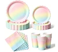 Nkaiso Set de Vaisselle Jetable 50 Pièces Arc-en-ciel 10 Personnes | Service Tout - 10 Assiettes Plates, 10 Assiettes Dessert, 10 Gobelets, 20 Serviettes - Pour Anniversaire, Mariage, Fête