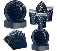 Nkaiso Set de Vaisselle Jetable 50 Pièces Bleu Foncé et Argent, 10 Assiettes Plates, 10 Assiettes Dessert, 10 Gobelets, 20 Serviettes - Pour Anniversaire, Mariage, Fête - 10 Invités