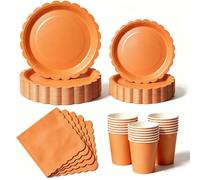 Nkaiso Set de Vaisselle Jetable 50 Pièces Orange 10 Personnes | Service Tout - 10 Assiettes Plates, 10 Assiettes Dessert, 10 Gobelets, 20 Serviettes - Pour Anniversaire, Mariage, Fête
